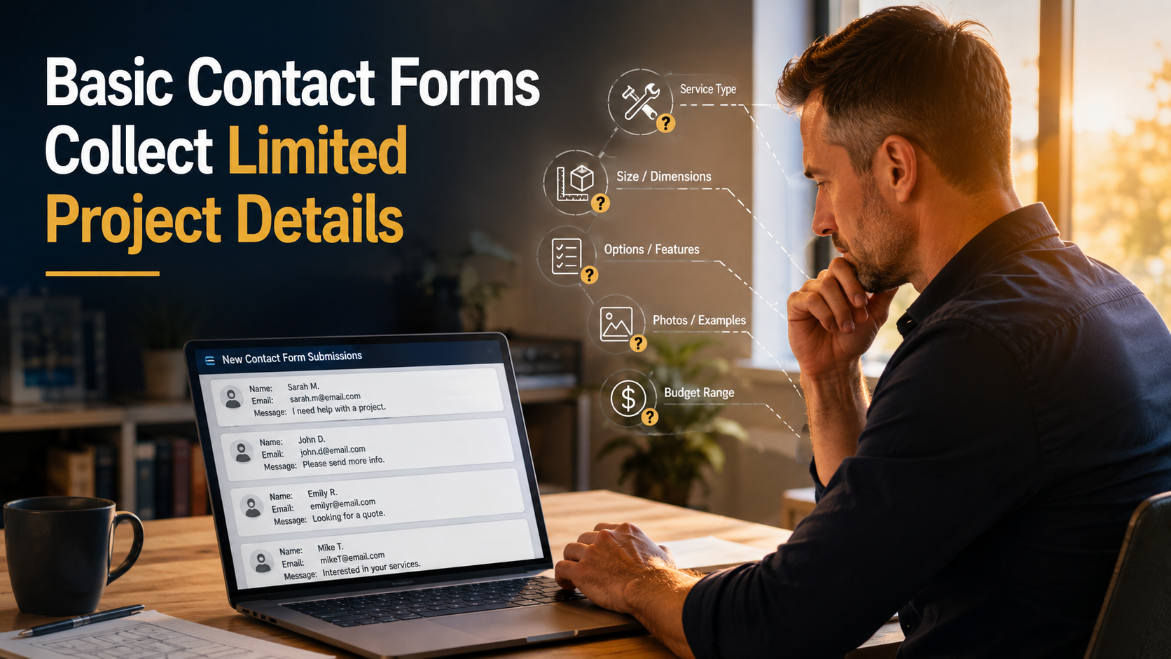 Service business owner reviewing contact form submissions that lack important project details
