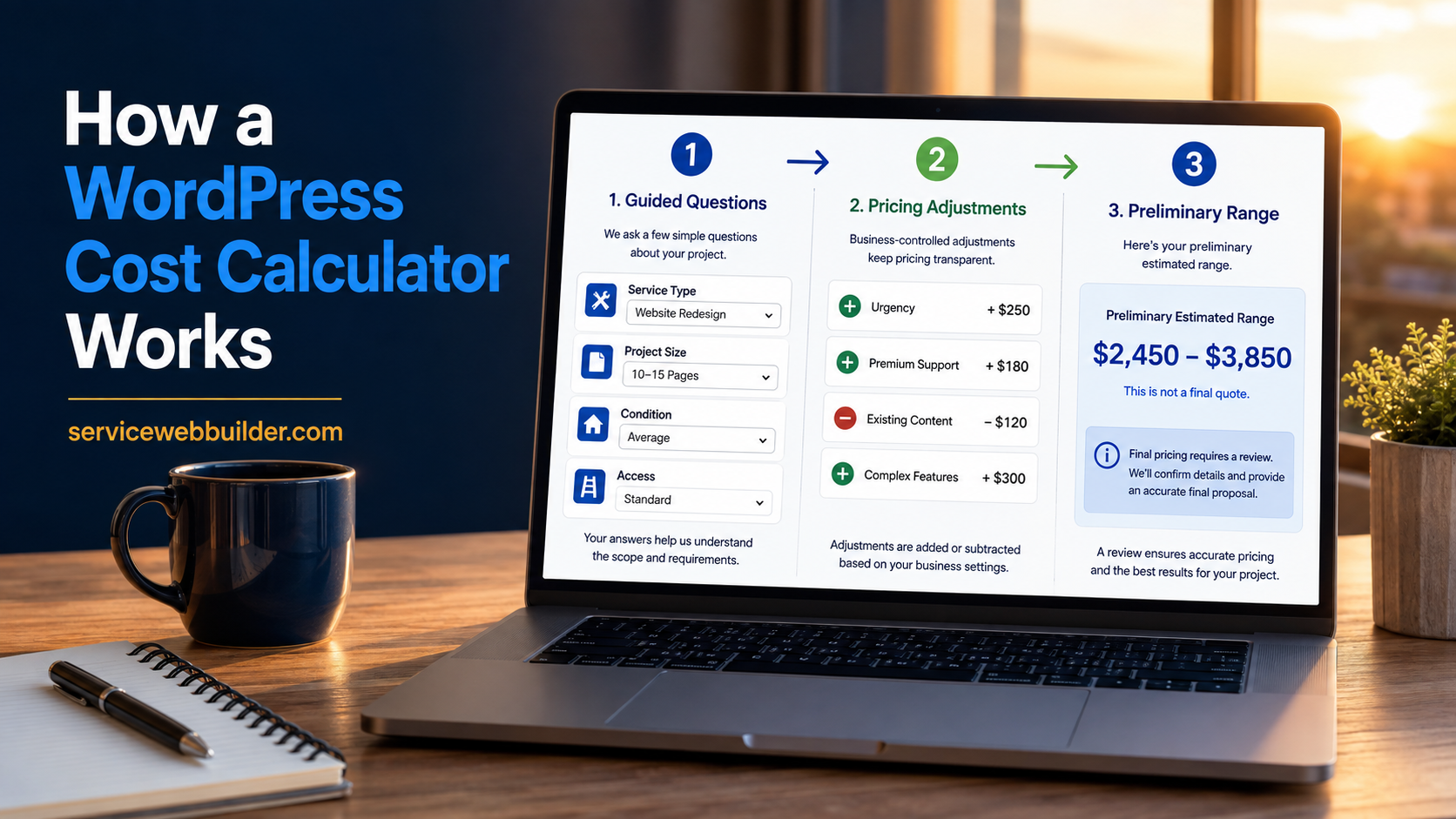 Desktop and mobile cost calculators for different service businesses