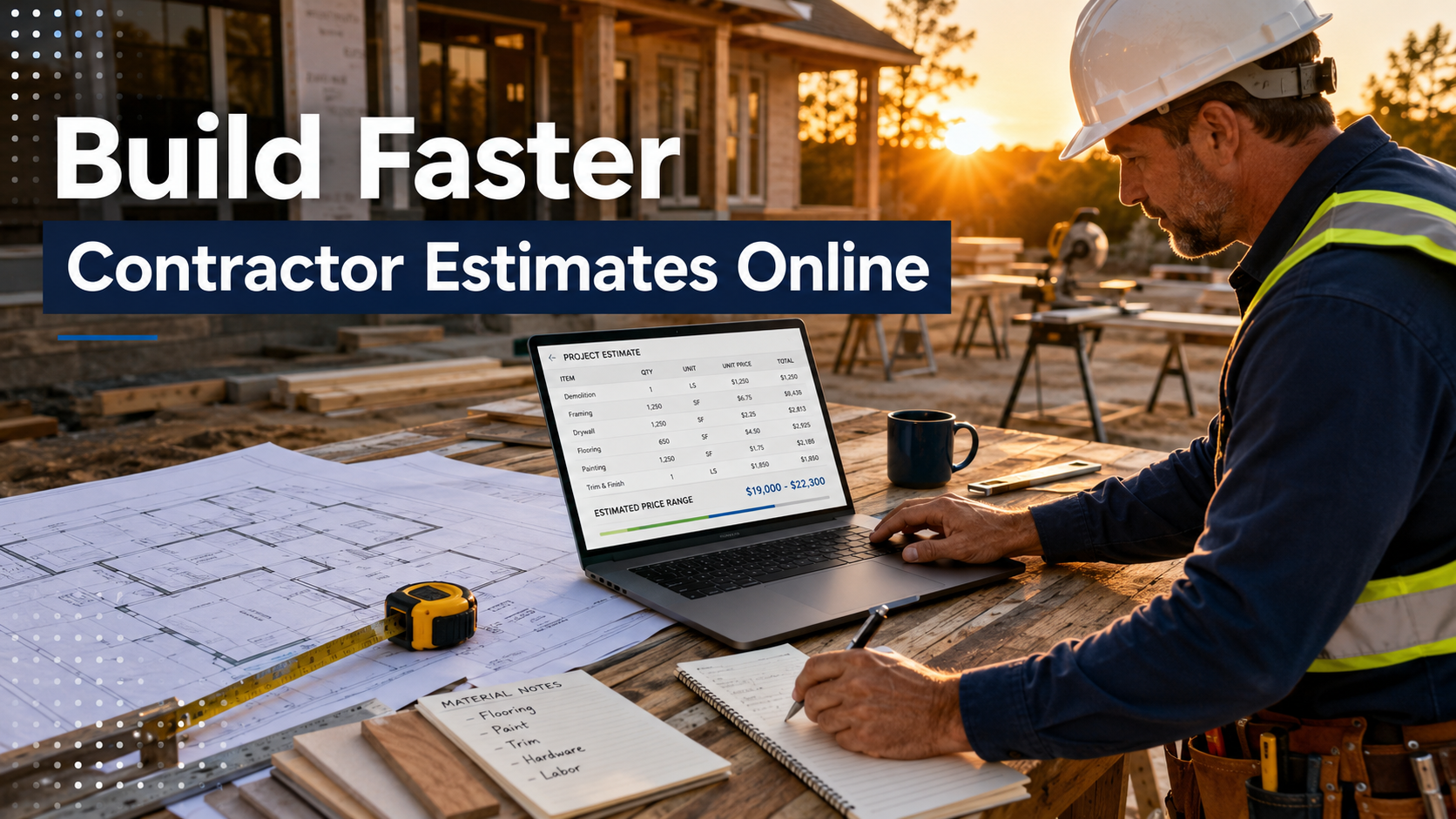 Contractor building an itemized online project estimate from plans and material measurements