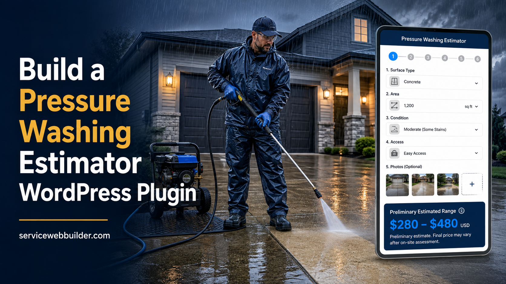 Pressure-washing worker using a WordPress estimator plugin in front of a house