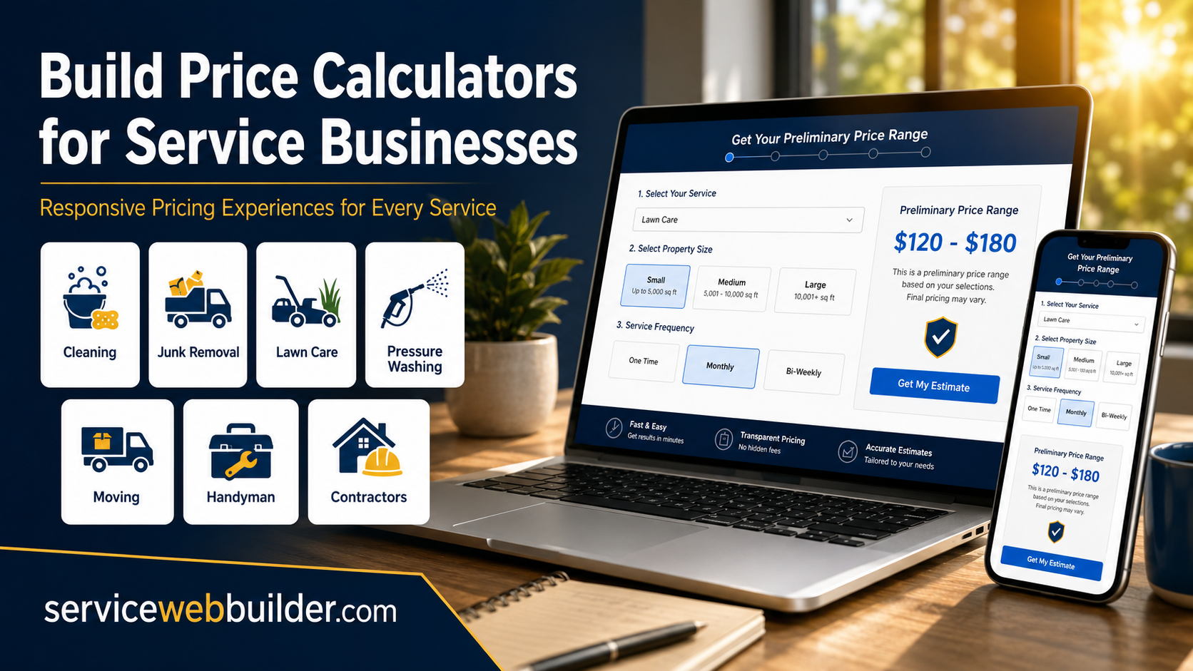Desktop and mobile price calculators for seven types of service businesses