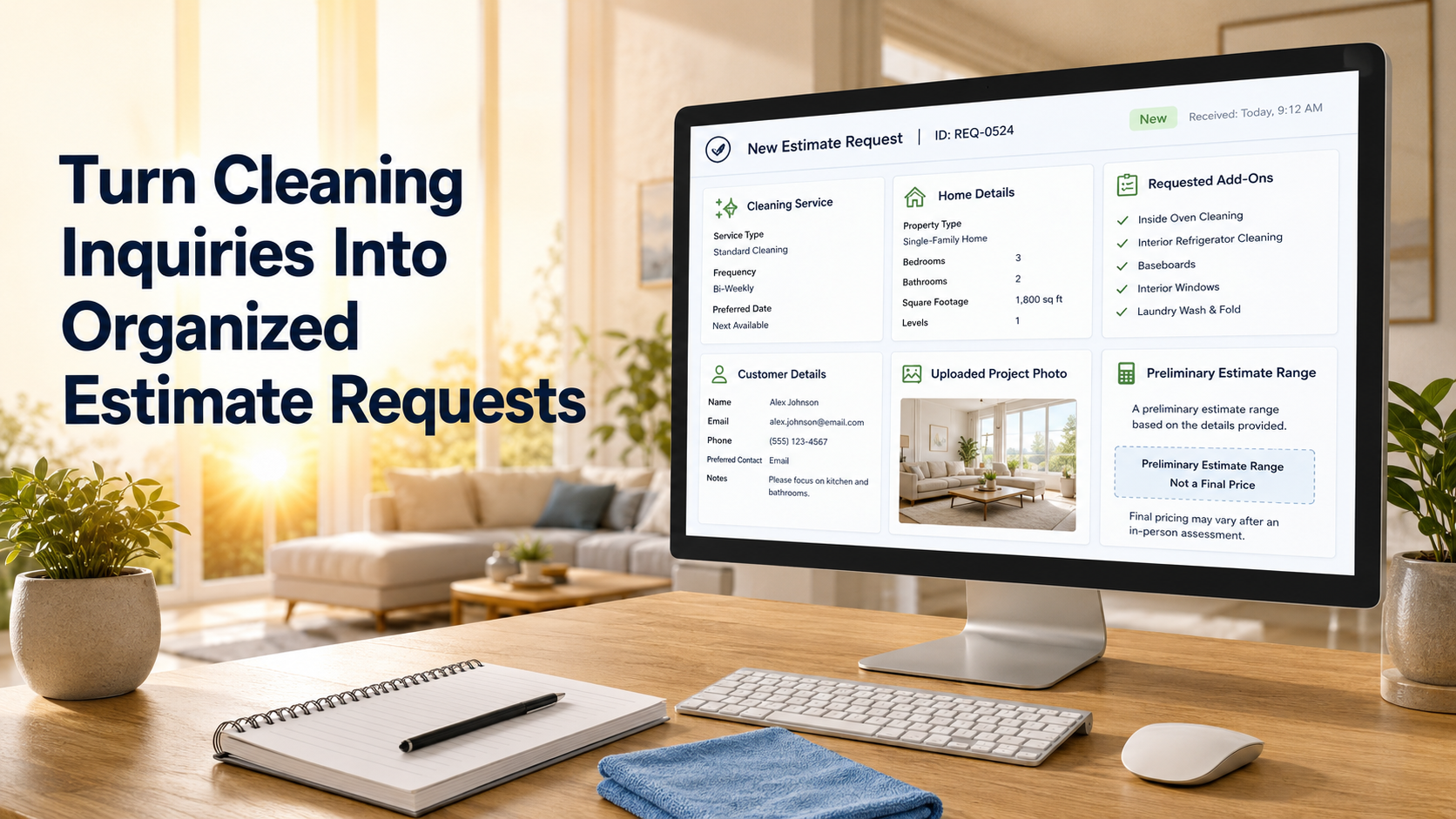 Cleaning estimate request software displaying customer details, add-ons, a project photo and preliminary pricing