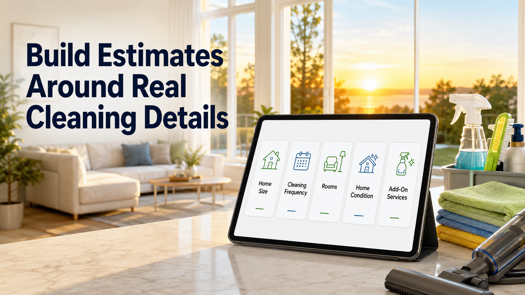 Cleaning service estimate form showing home size, frequency, rooms, condition and add-on options
