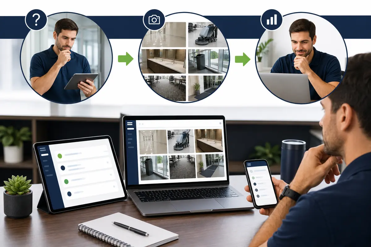 commercial-cleaning questions, facility photos and business review in an online estimate workflow