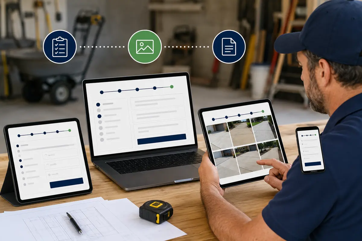 concrete questions, site photos and business review in an online estimate workflow