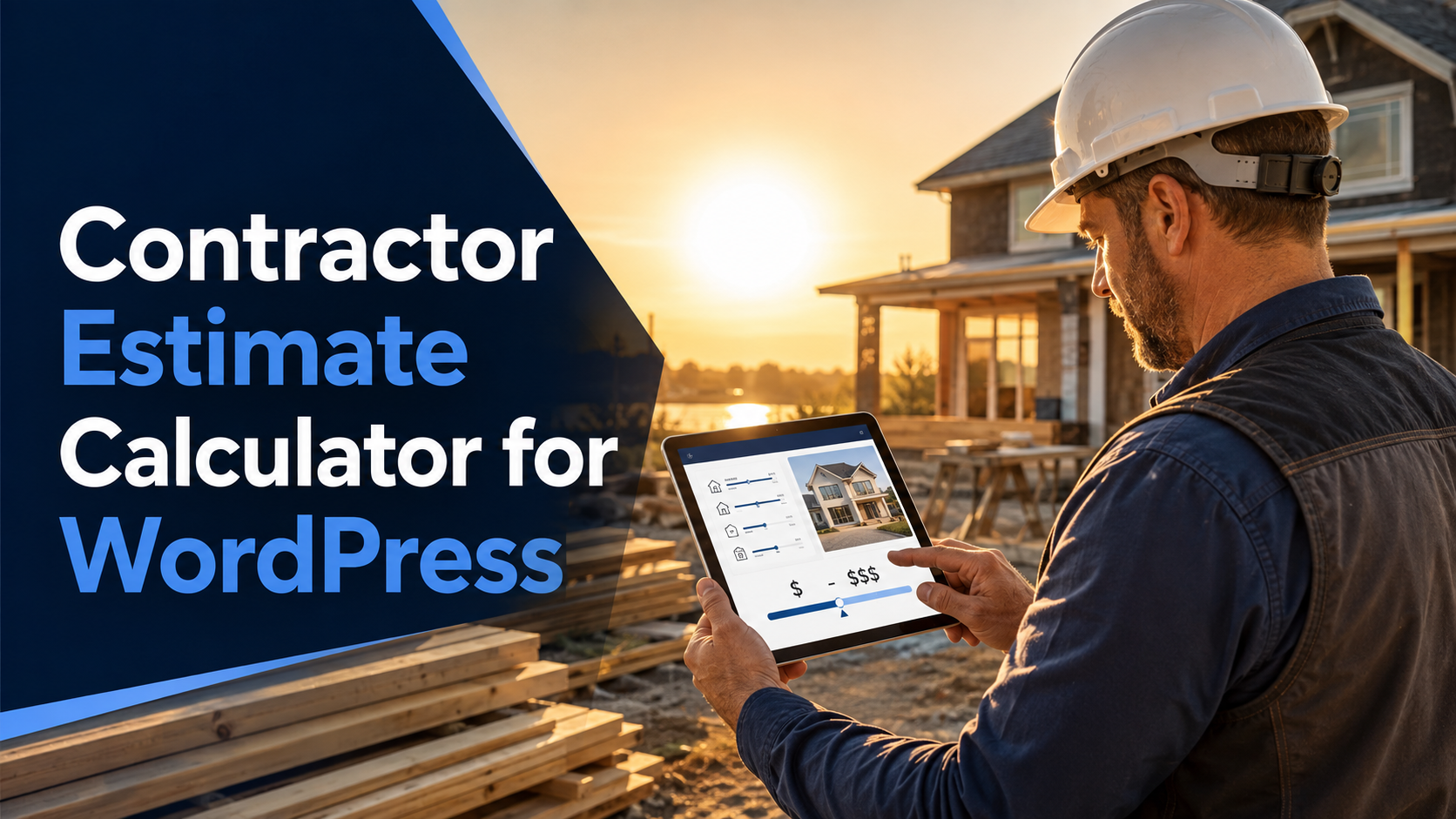 Professional contractor using a WordPress estimate calculator on a tablet with the sun behind the jobsite