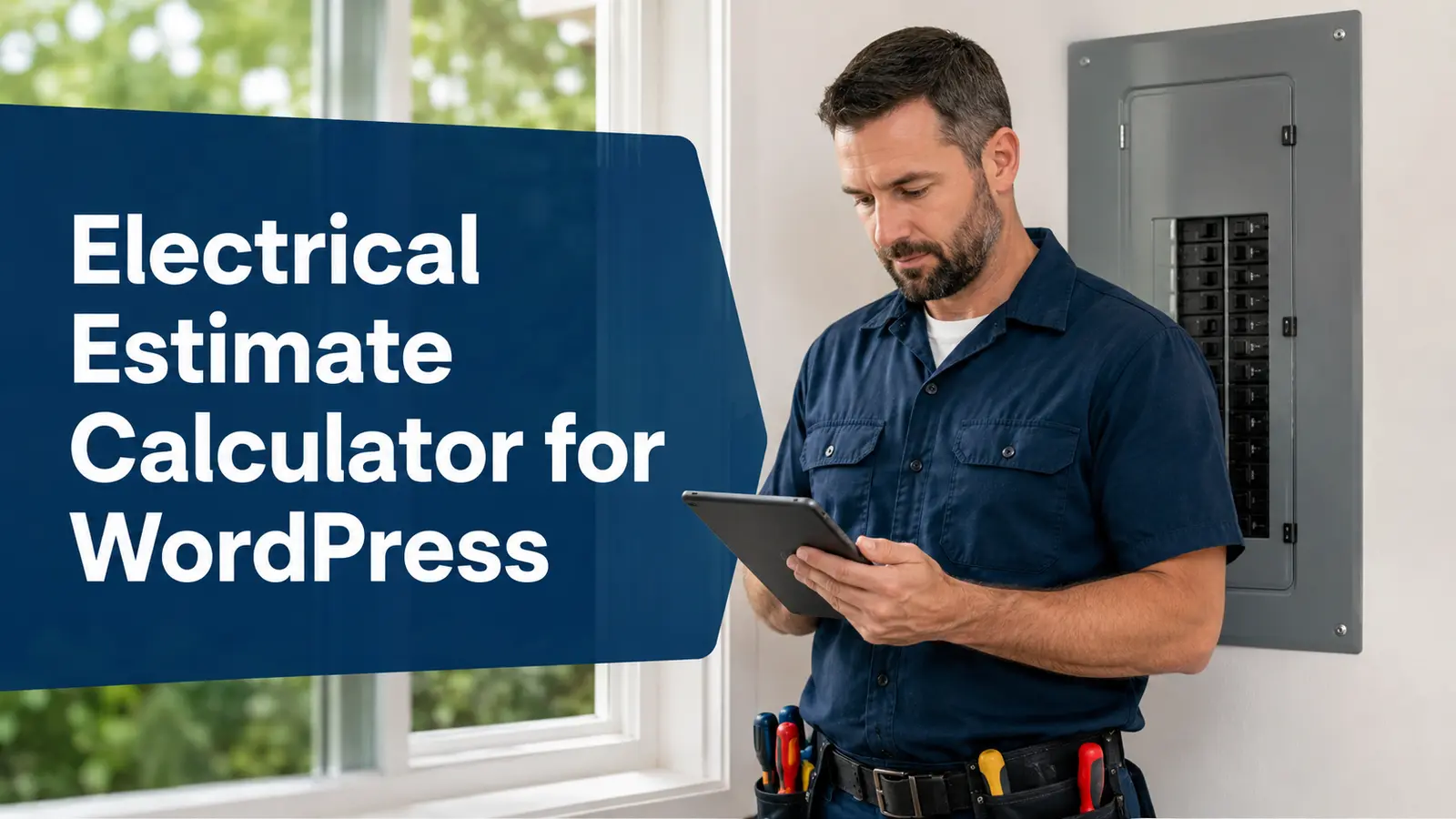 electrician reviewing an estimate calculator near a residential panel