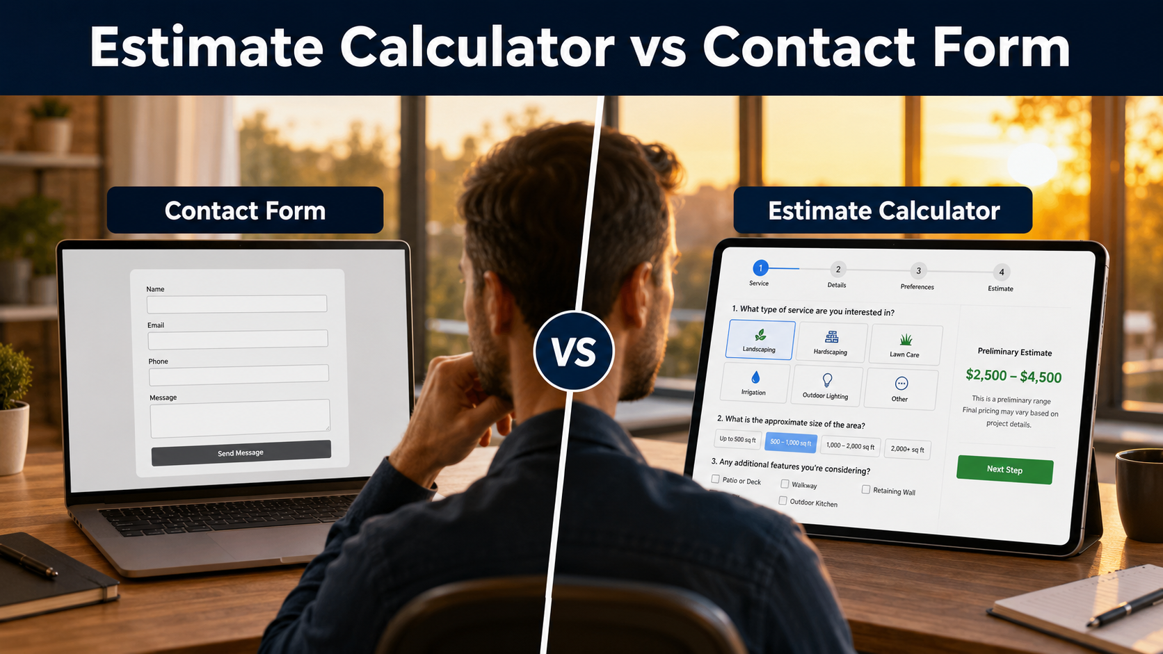 Side-by-side comparison of a basic contact form and an interactive estimate calculator
