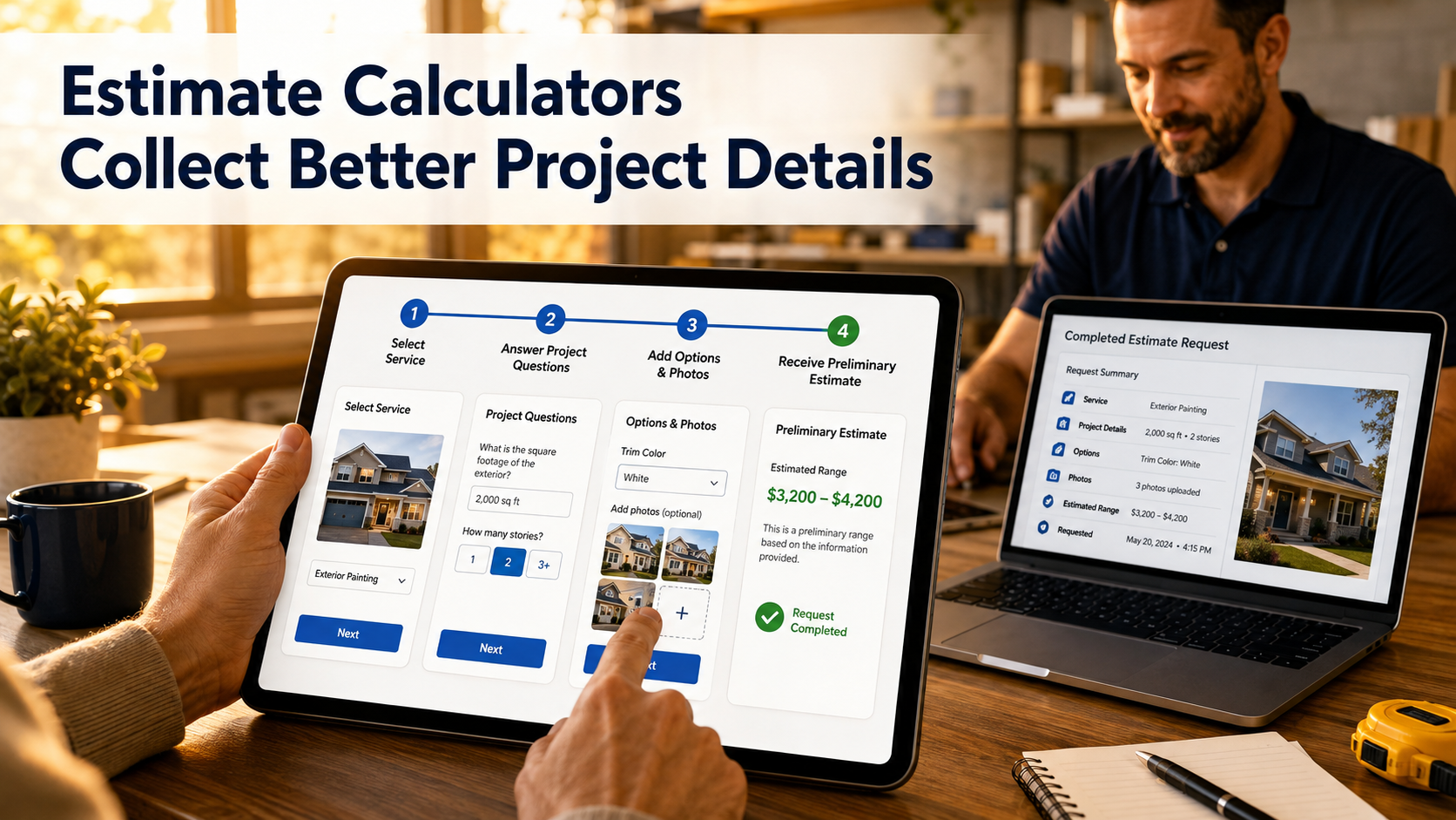 Customer completing a multi-step estimate calculator with project questions, photos, and a preliminary price range