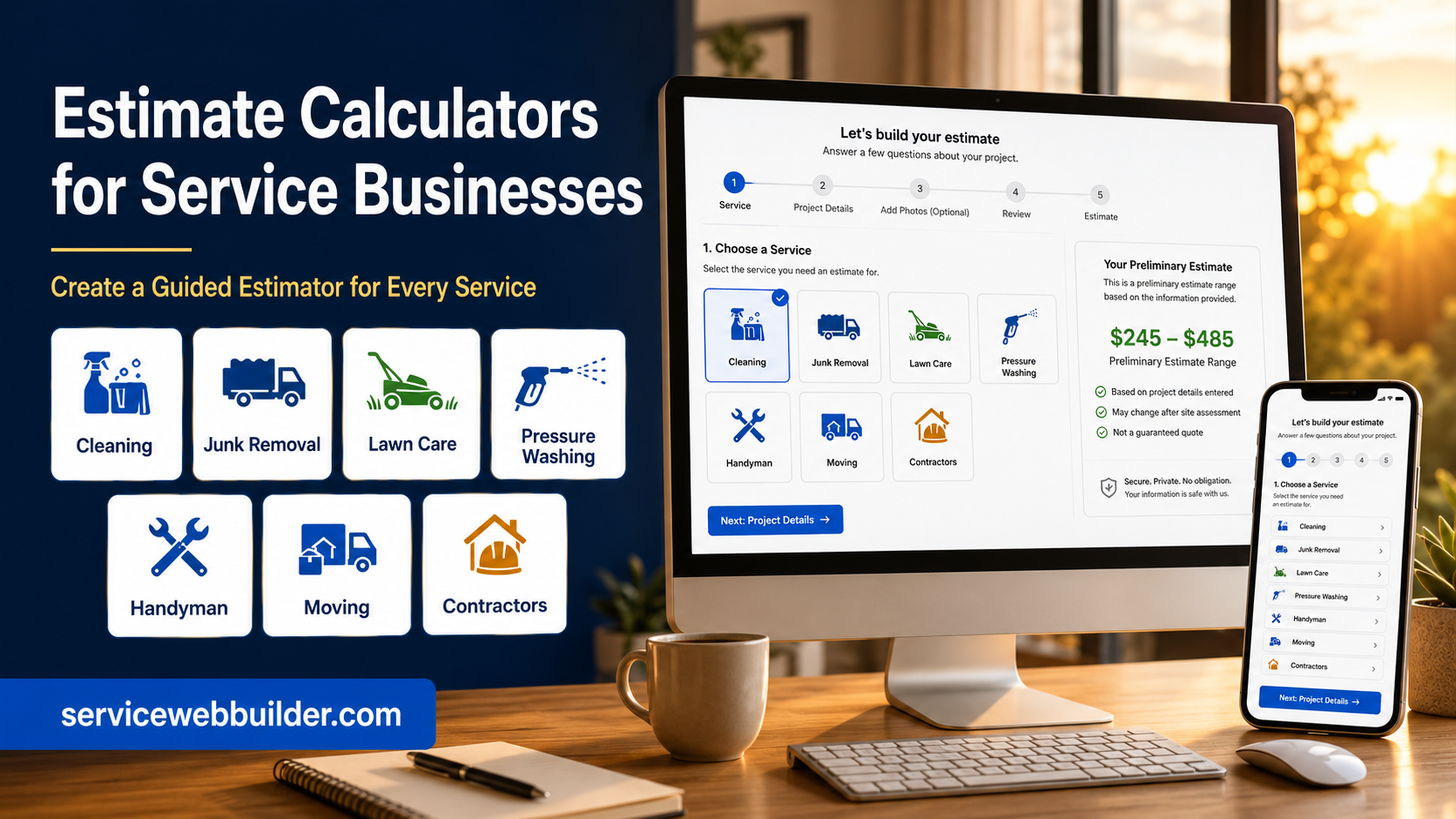 Estimate calculators for cleaning, junk removal, lawn care, pressure washing, moving, handyman and contractor businesses