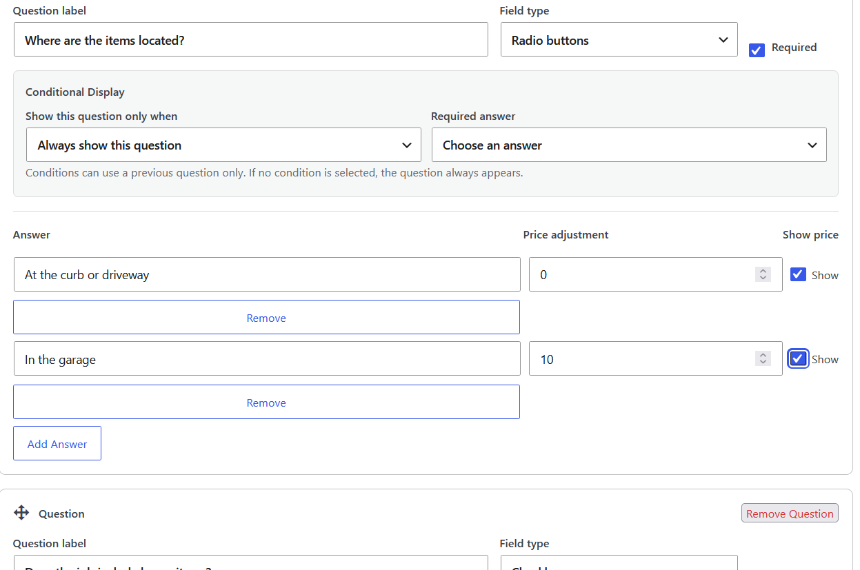 EstimateFlow Lite WordPress estimator builder showing questions, answer choices and price adjustments