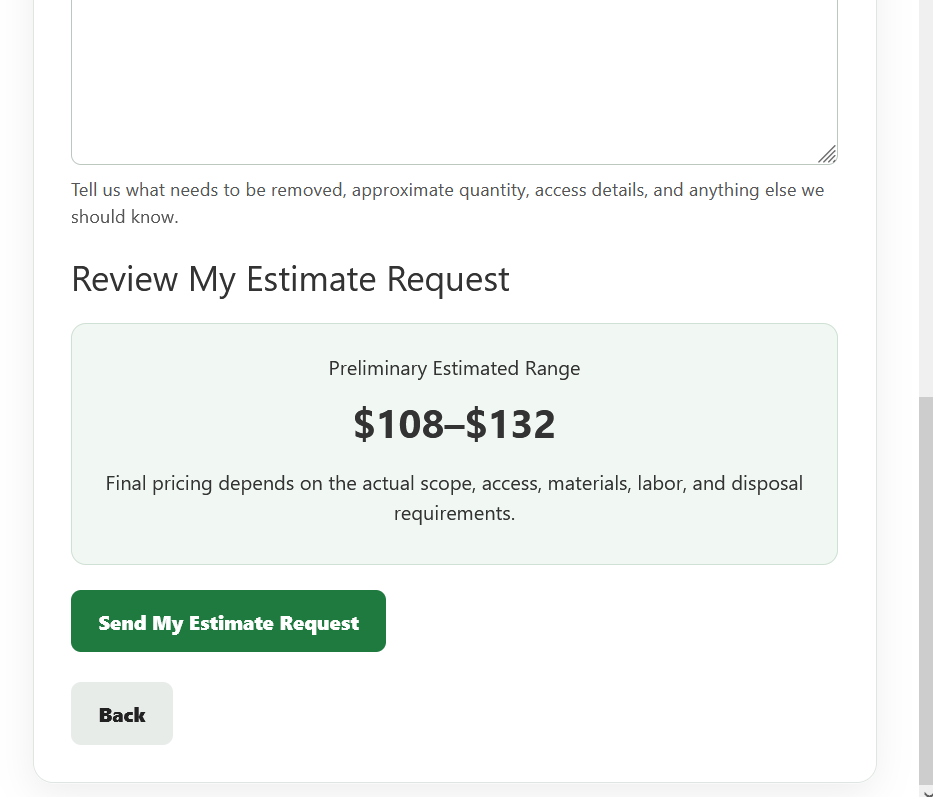 EstimateFlow Lite preliminary estimated range and customer estimate request form