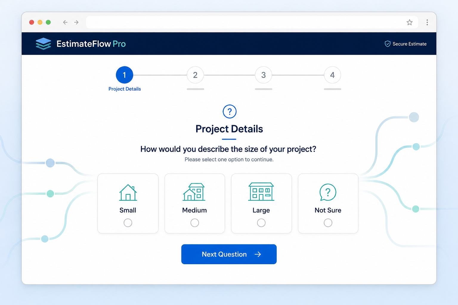 Multi-step WordPress estimate form with project-size choices