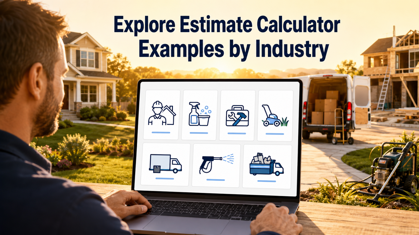 Business owner exploring estimate calculator examples for seven service industries on a laptop