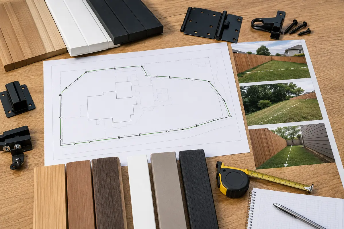 linear footage, material, gates, slope and access details used to prepare an estimate