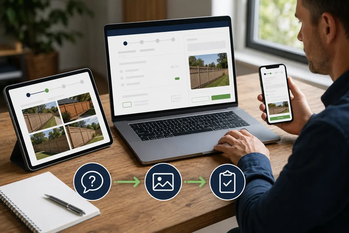 fence questions, property photos and business review in an online estimate workflow