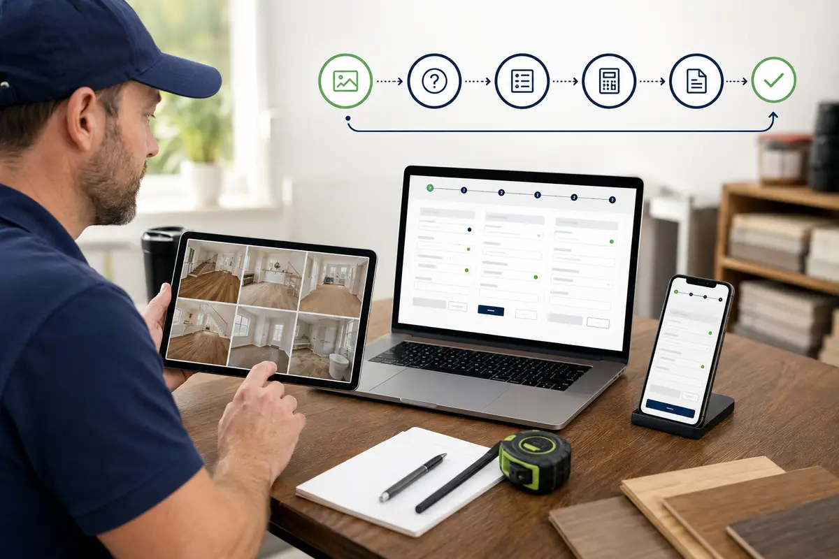 flooring questions, room photos and business review in an online estimate workflow