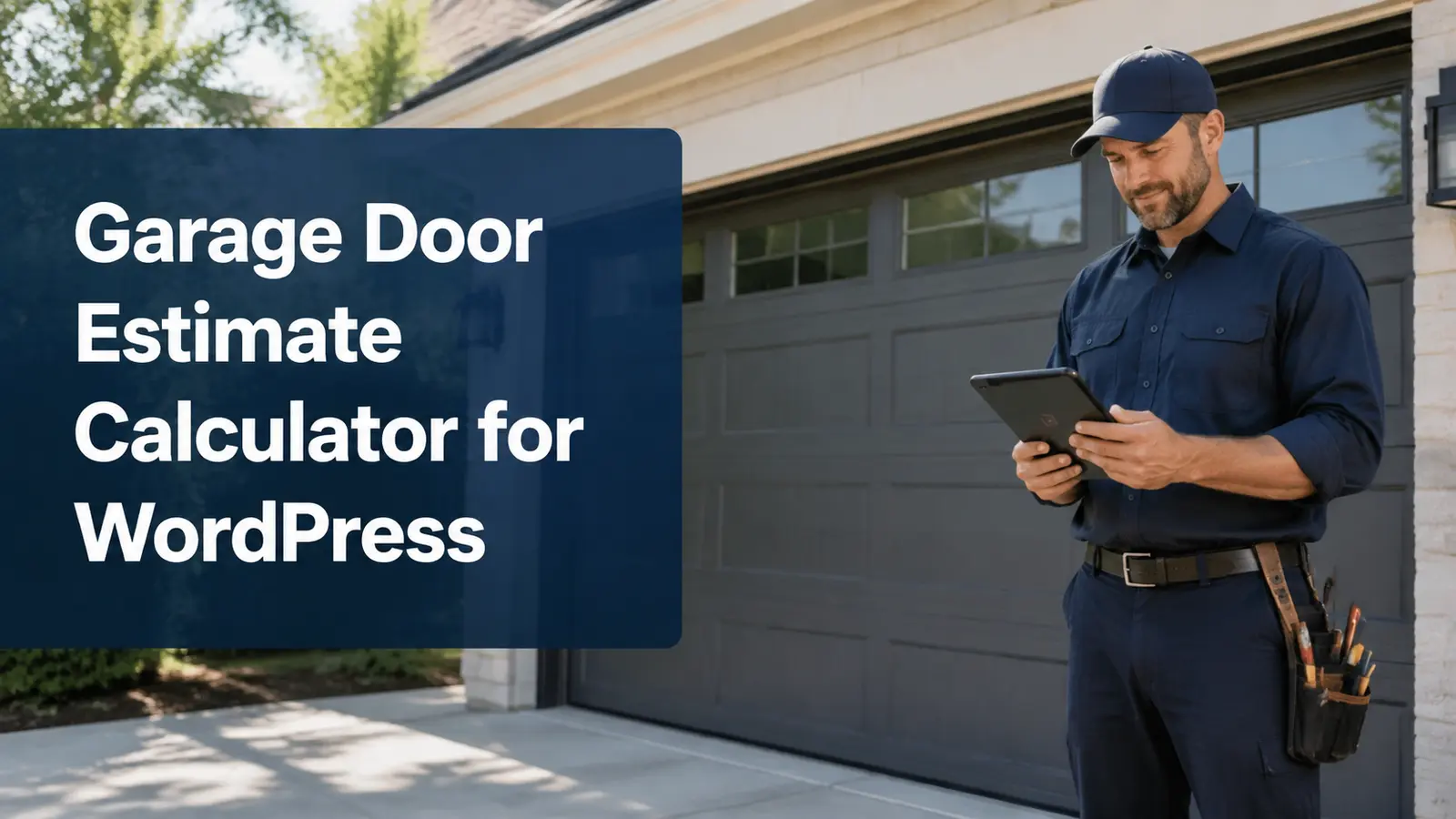 garage-door technician reviewing an estimate beside a closed door