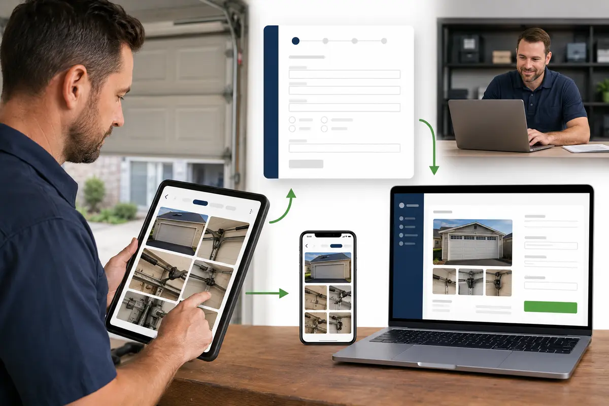 garage-door questions, safe photos and business review in an online estimate workflow