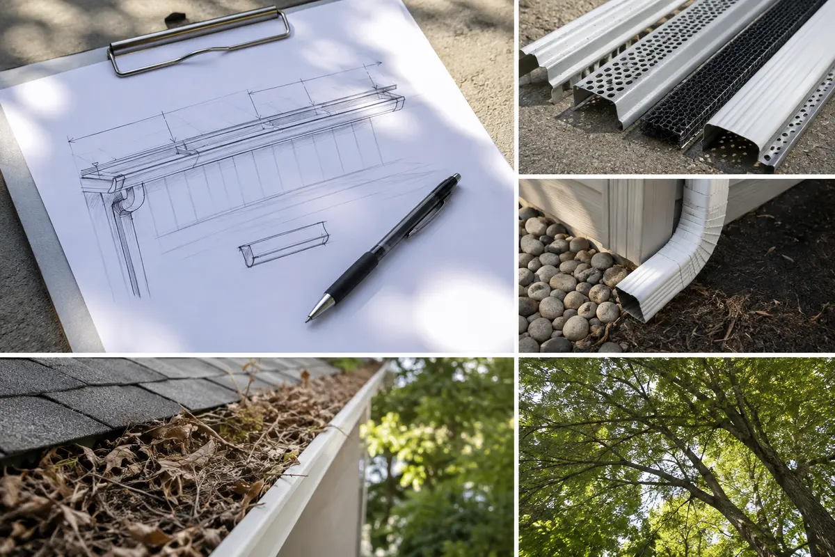 gutter length, guards, downspouts, debris and tree coverage used to prepare an estimate