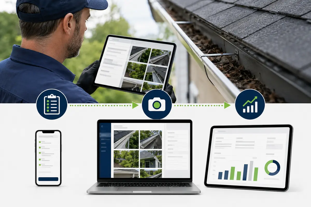gutter-cleaning questions, safe photos and business review in an online estimate workflow