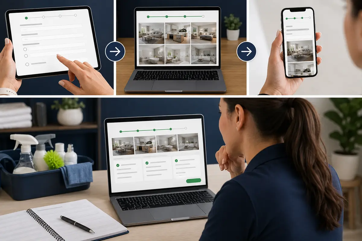 house-cleaning questions, room photos and business review in an online estimate workflow