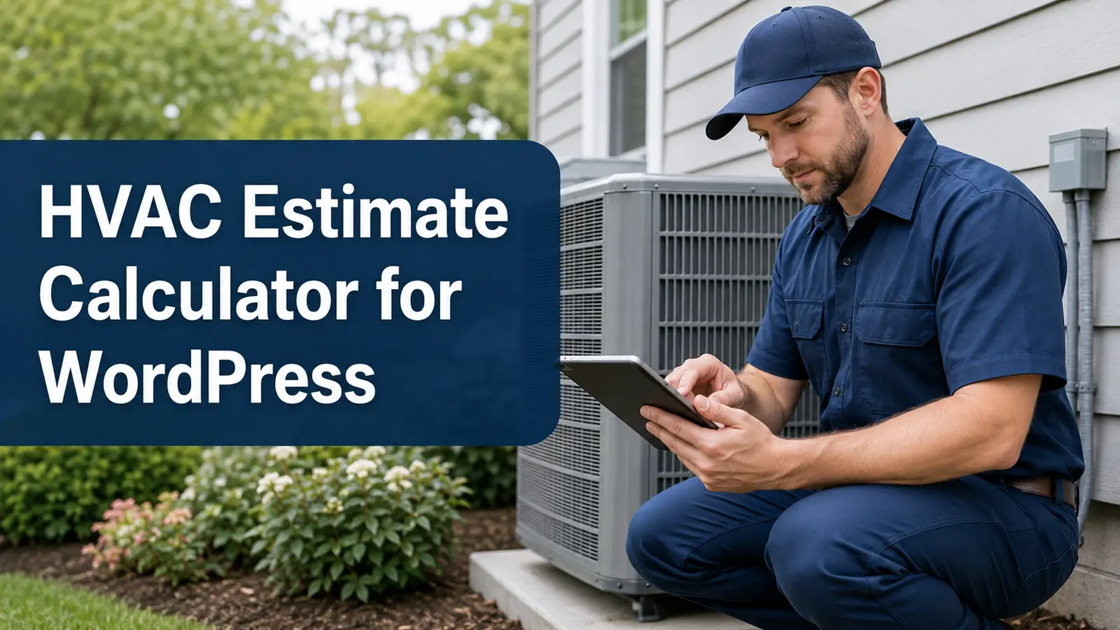 HVAC technician reviewing an estimate calculator beside an outdoor unit