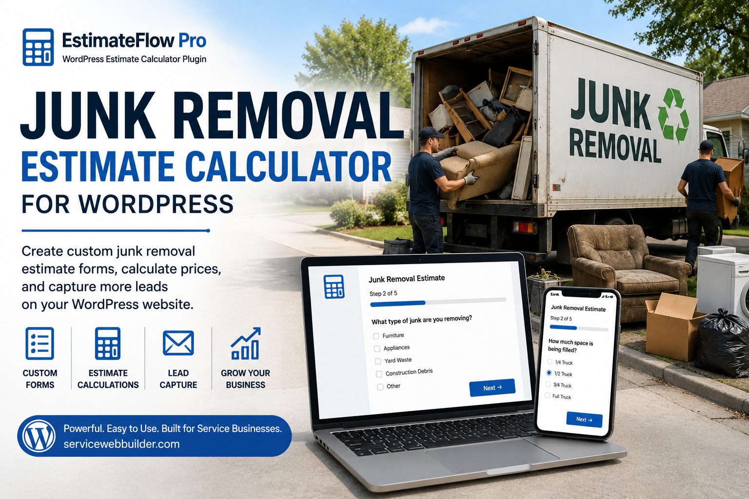 Junk removal estimate calculator for WordPress with crew loading furniture