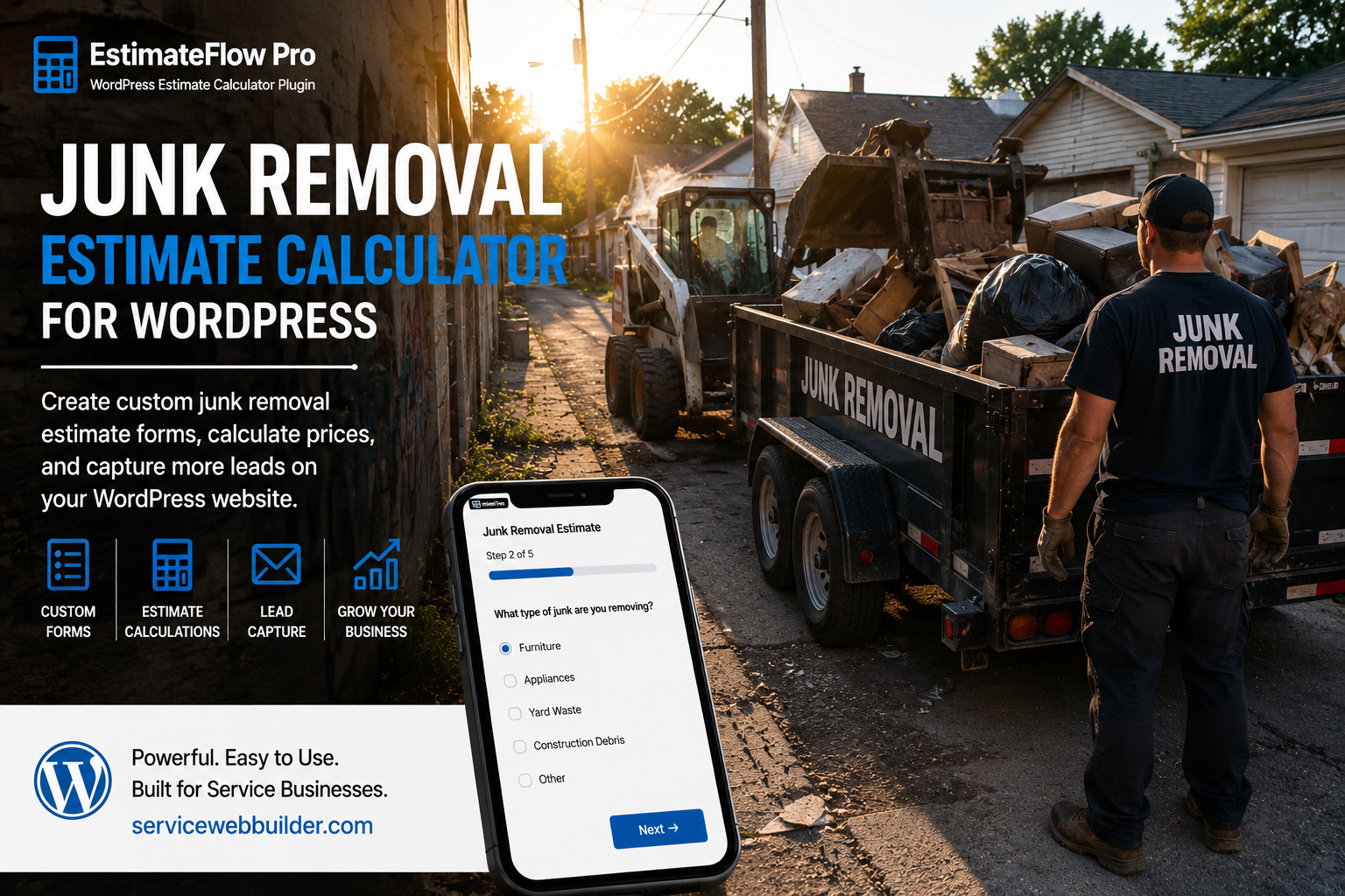 Junk removal crew in alley using estimate calculator for cleanup jobs