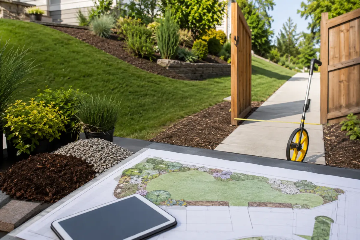 lawn area, beds, slope, gate and access details used to prepare an estimate