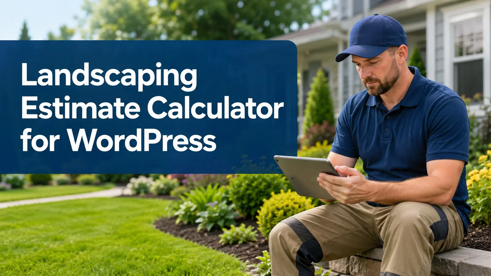 landscaper reviewing an estimate calculator in a residential yard