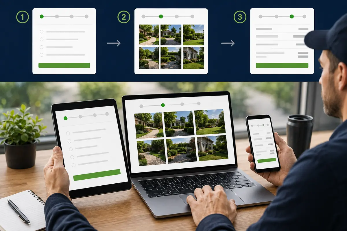 landscaping questions, property photos and business review in an online estimate workflow
