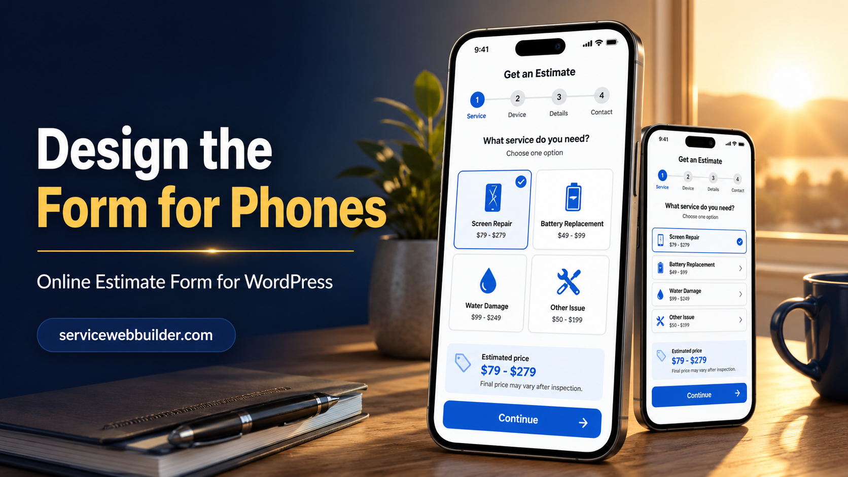 Mobile-friendly online estimate form for WordPress displayed on phones