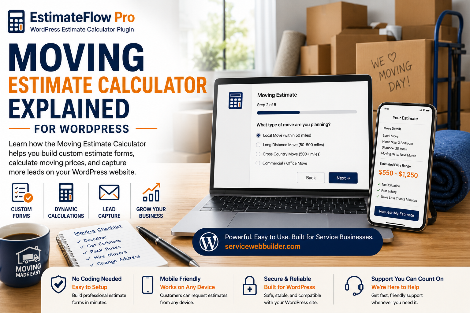 Moving estimate calculator explained with desktop and mobile estimate forms