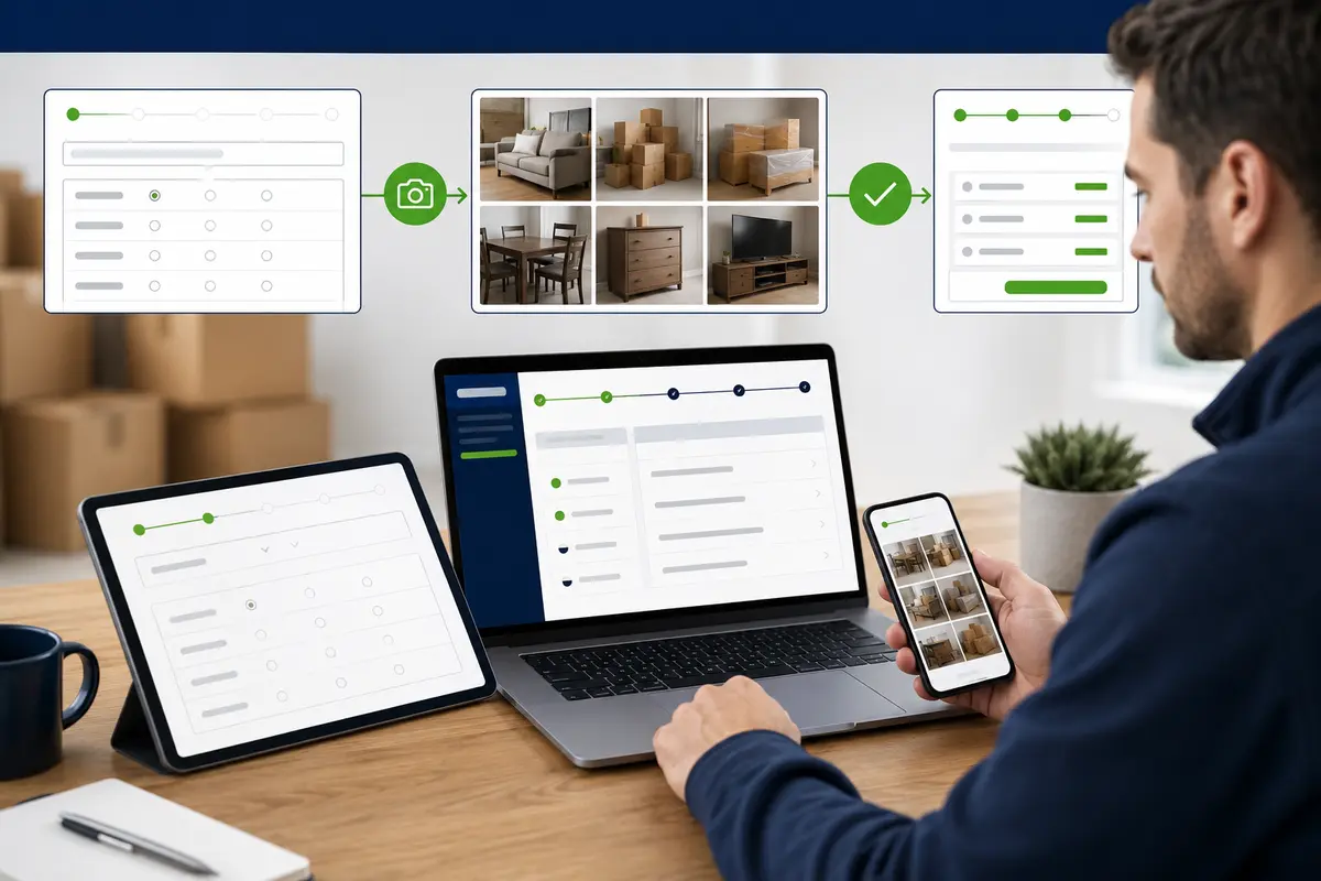 moving questions, inventory photos and business review in an online estimate workflow
