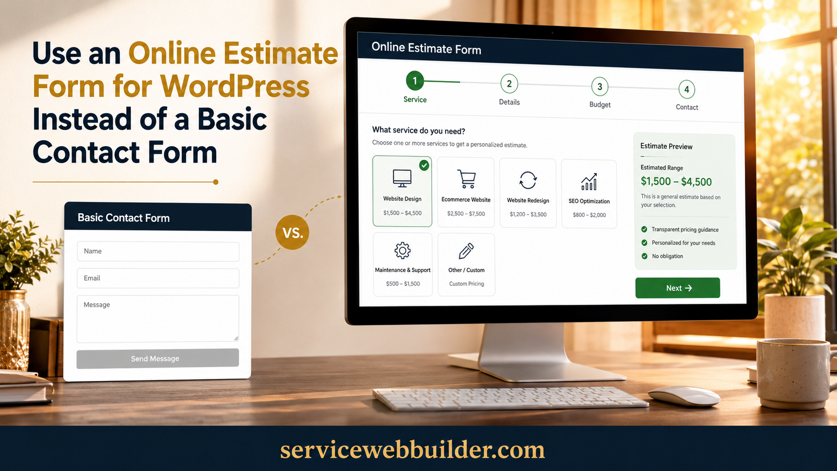 Online estimate form for WordPress displayed on a laptop