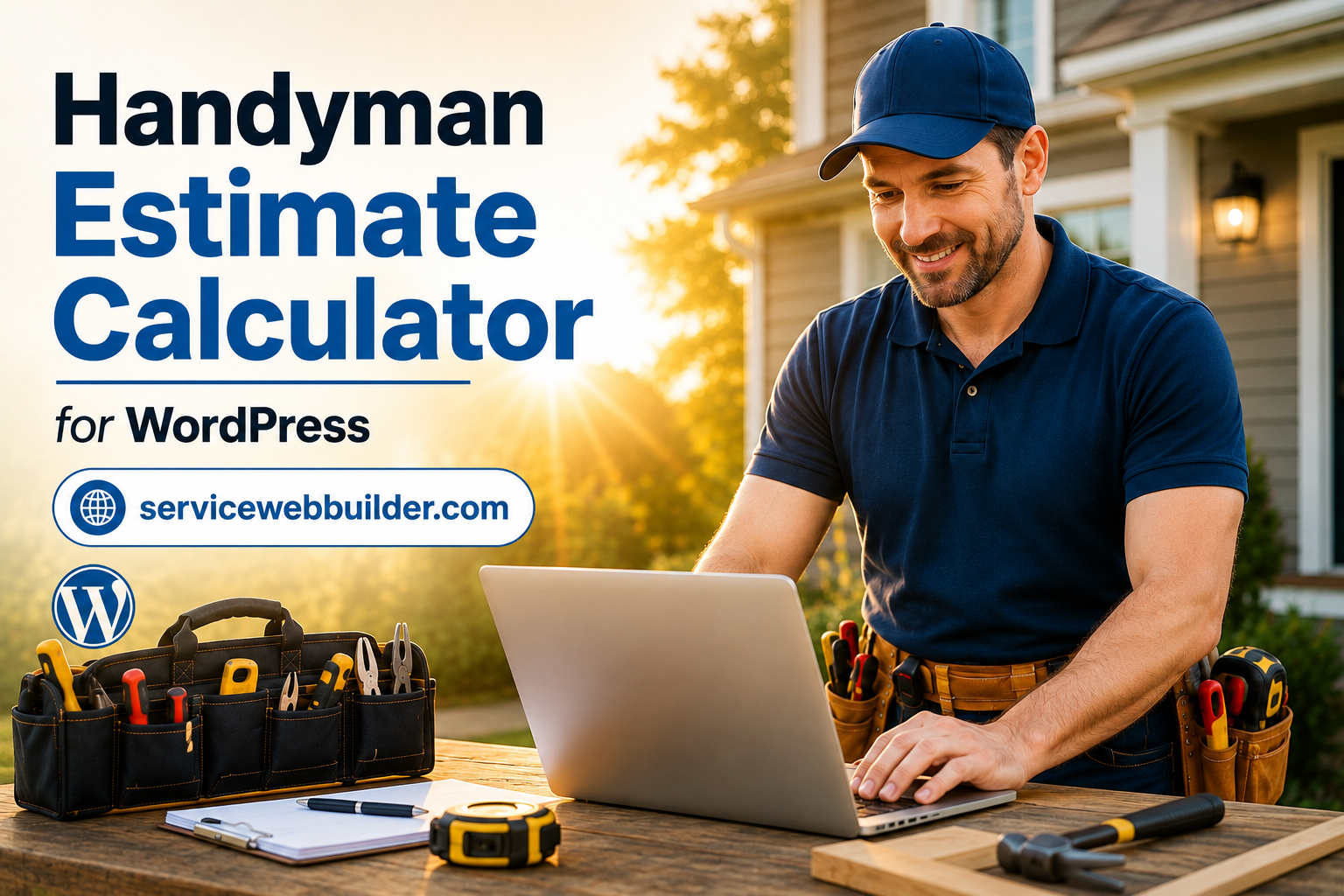 Handyman using online estimate calculator on WordPress website