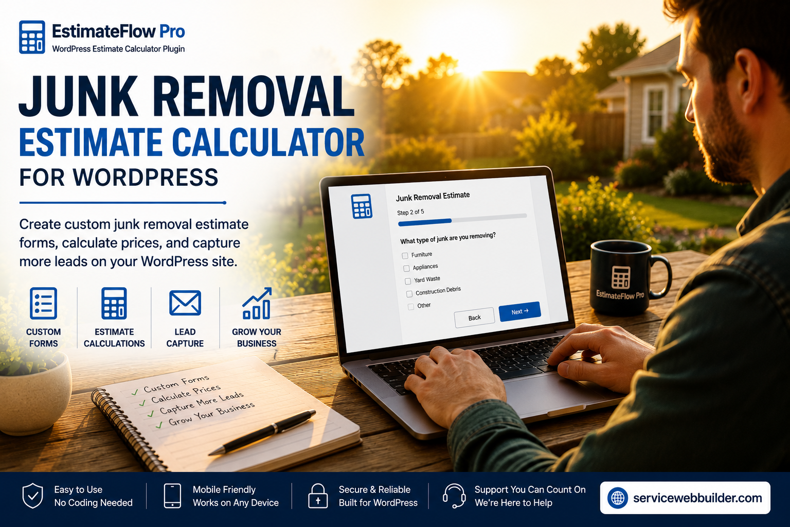Customer using online junk removal estimate calculator on laptop