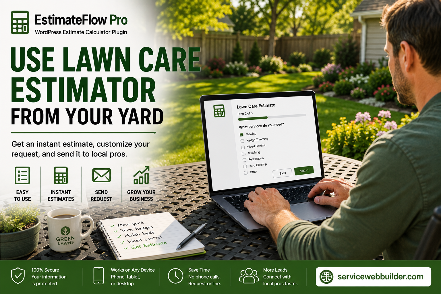 Customer using online lawn care estimator from residential yard