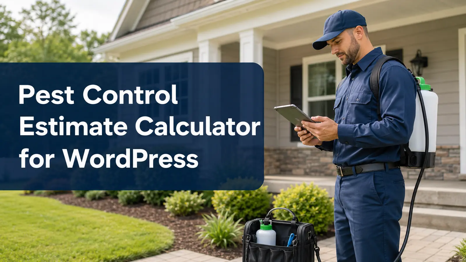 pest-control professional reviewing a service estimate outside a home
