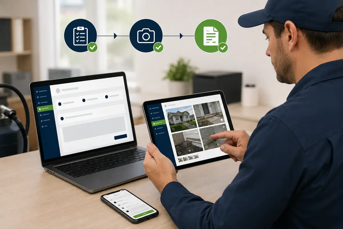 pest-control questions, property photos and business review in an online estimate workflow