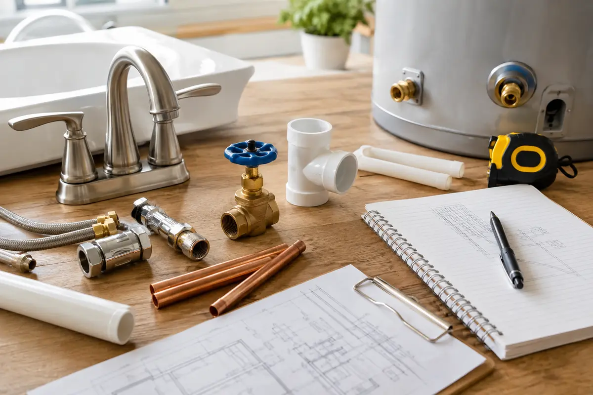 fixtures, pipe access, shutoff and water-heater details used to prepare an estimate