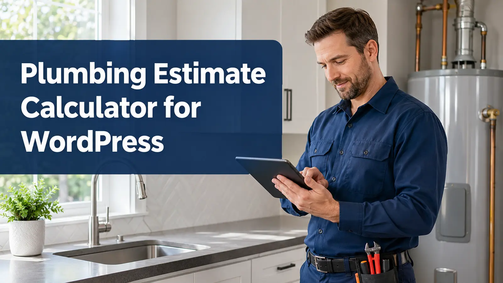 plumber reviewing an estimate calculator near residential fixtures