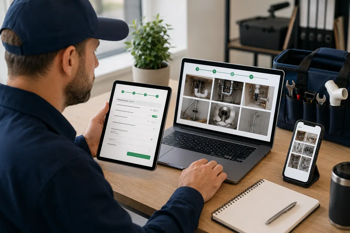 plumbing questions, customer photos and business review in an online estimate workflow