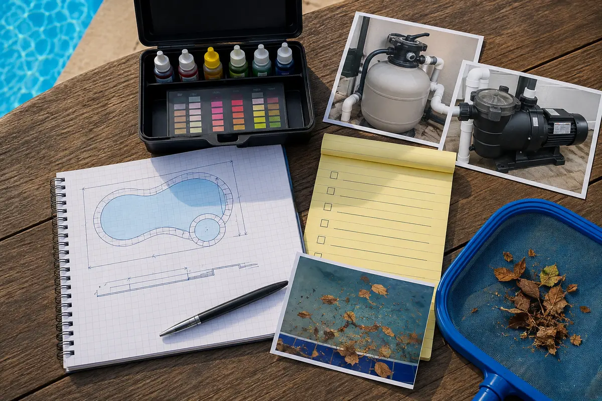 pool size, water condition, filter, pump and debris details used to prepare an estimate