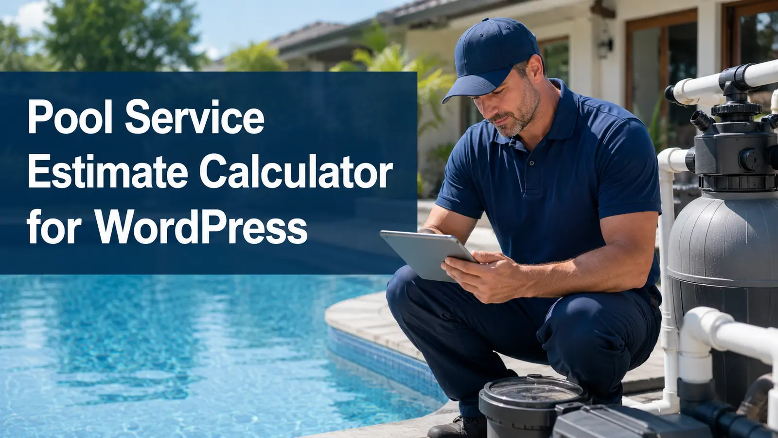 pool technician reviewing an estimate beside a residential pool