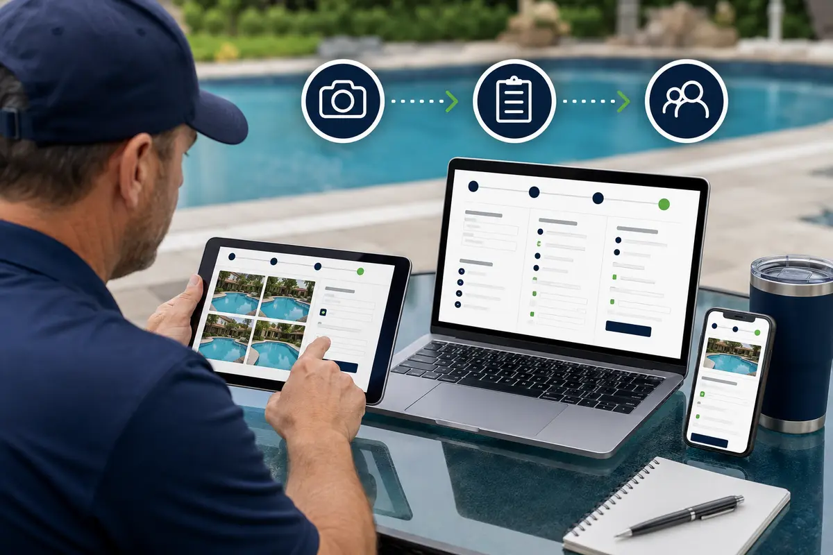 pool-service questions, pool photos and business review in an online estimate workflow