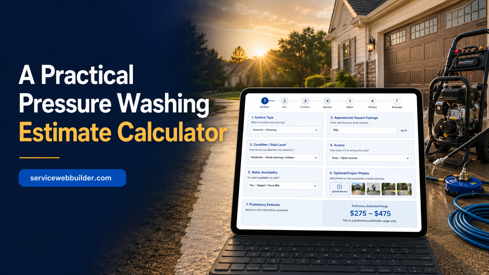 Practical pressure washing estimate calculator with job details and preliminary pricing