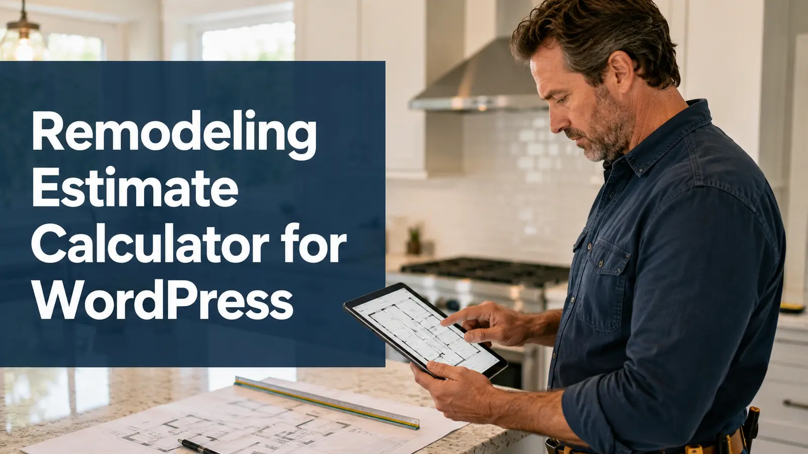 remodeler reviewing an estimate and plans in a renovated kitchen