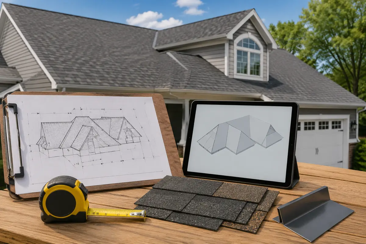 roofing questions, project photos and business review in an online estimate workflow